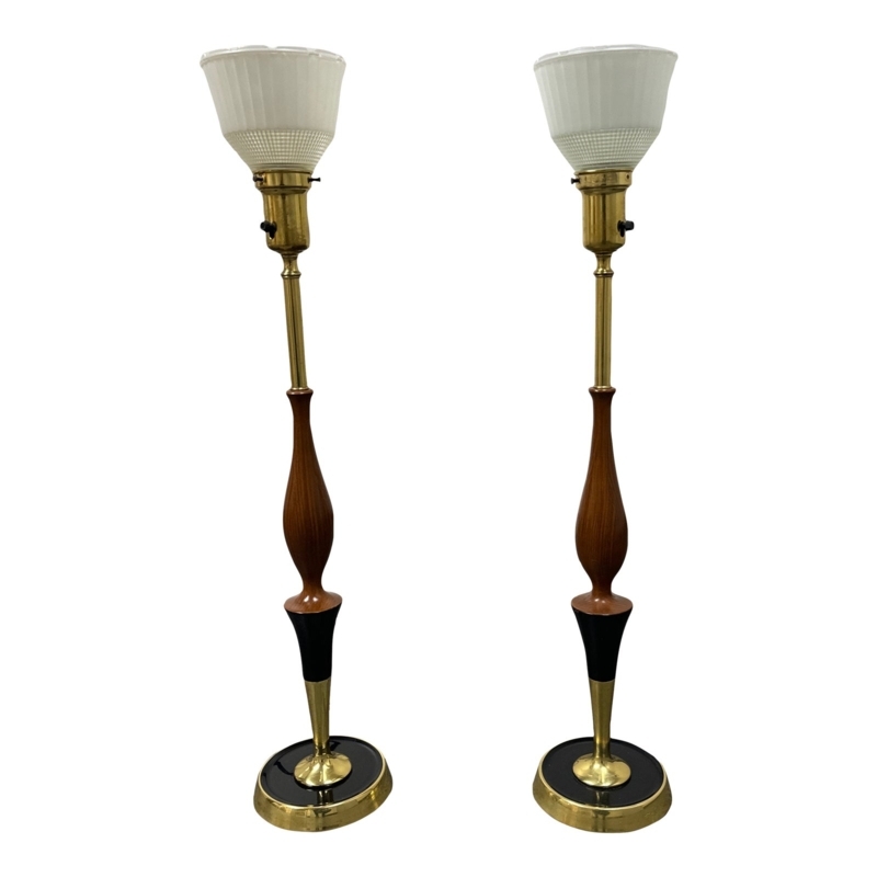 Mid-Century Modern Table Lamp, Brass and Wood Spindle Base, Frosted Shades