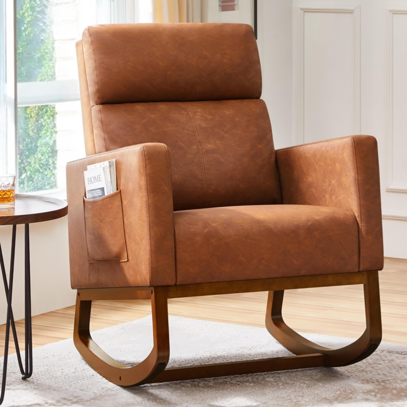 Mid Century Rocking Chair Brown Leather Side Pocket Modern style
