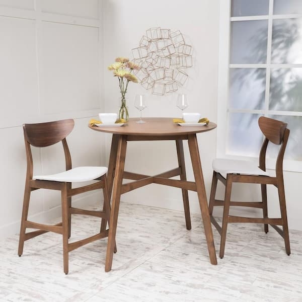 Mid Century Round Bistro Table Set Walnut Finish Beige Upholstery