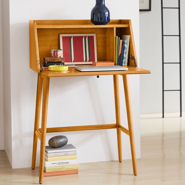 Mid-Century Secretary Desk: Tapered Legs, Vertical Storage Cubby