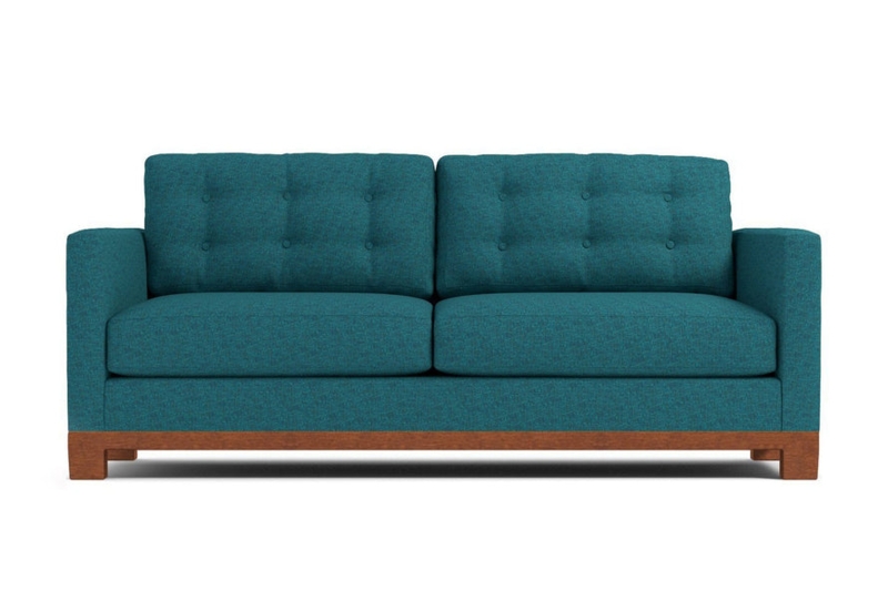 Mid-Century Sleeper Sofa, Button Tufted Back, Pecan Wood Base, Teal Blue
