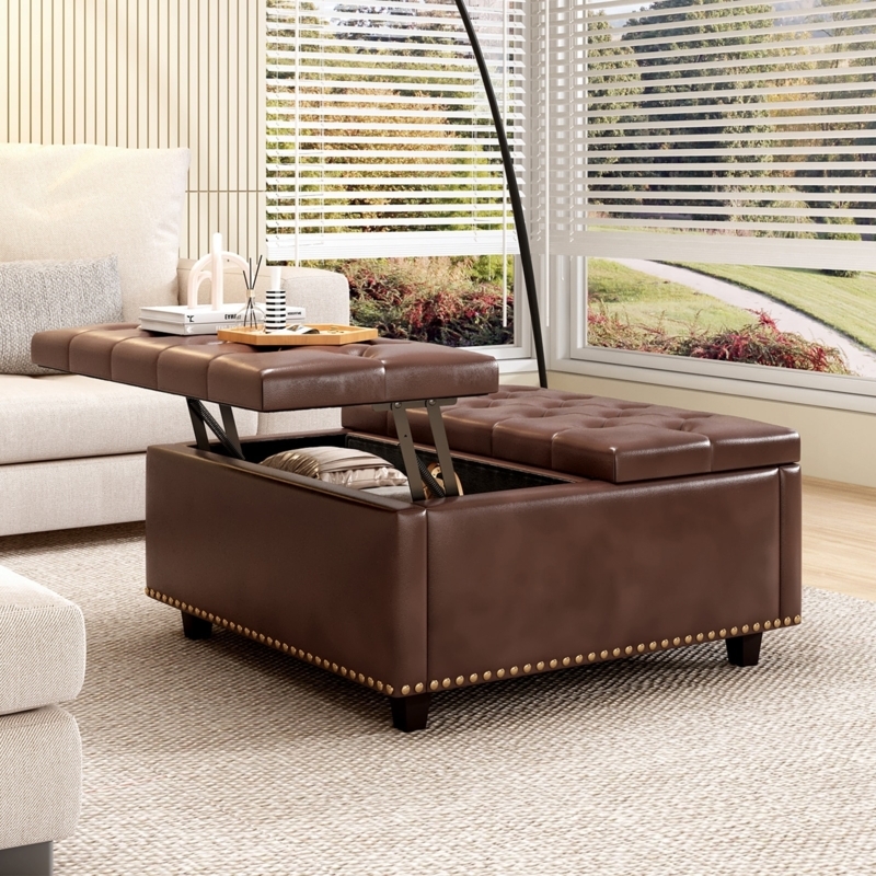 Mid Century Storage Ottoman Brown Leather Split Lift Top Nailhead