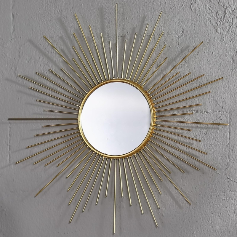 Mid-Century Sunburst Mirror: Gold Toned with Thin Radiating Metal Rods