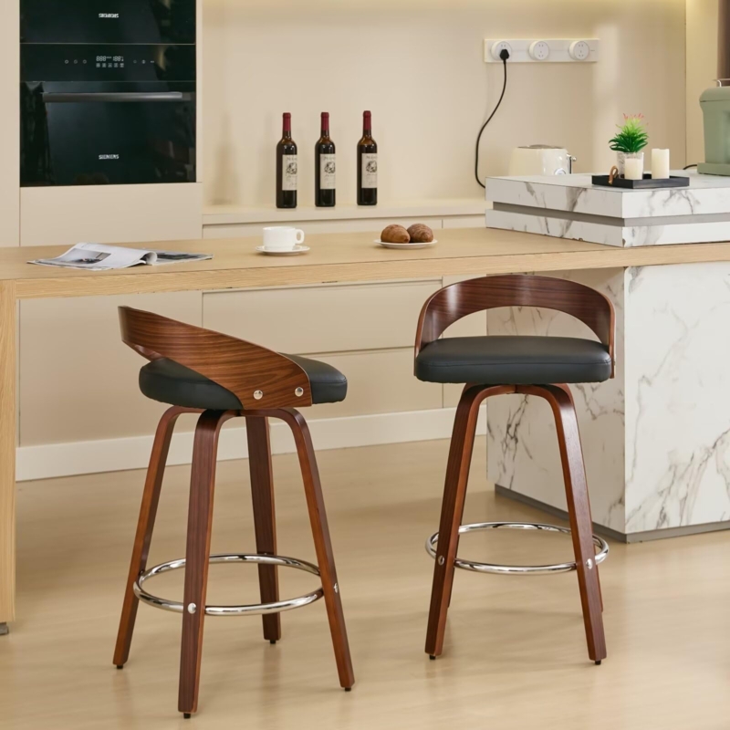 Mid-Century Swivel Bar Stools with Circular Metal Footrest