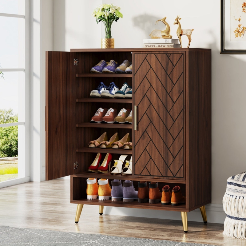Mid-Century Walnut Shoe Cabinet with Herringbone Pattern Doors