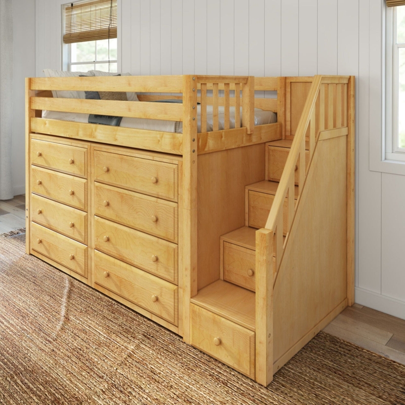 Mid Loft Bed with Stairs Integrated Dressers Natural Wood Tone