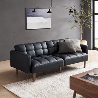 Midnight Black Futon Sofa with Grid Tufting and Walnut Toned Legs