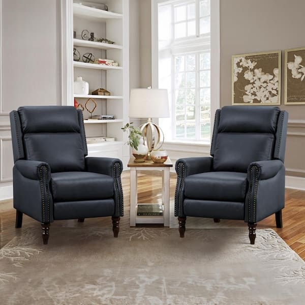 Midnight Blue Leather Push Back Recliner Set Wingback Design