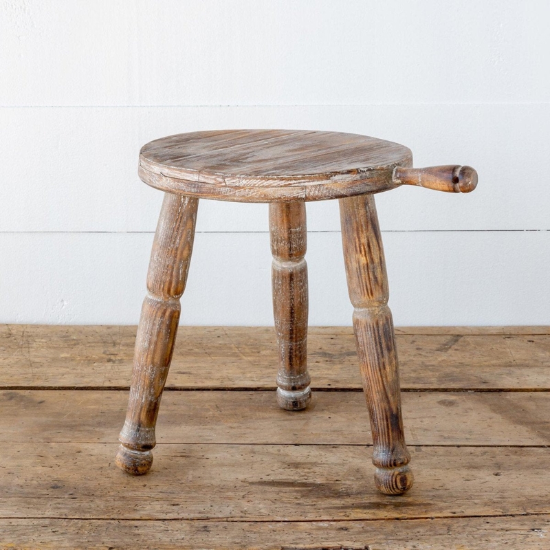 Milking Stool with Side Handle, Distressed Wood Display