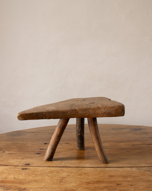 Milking Stool with Triangular Seat, Primitive Wabi-Sabi Wood