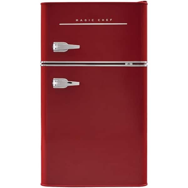 Mini Fridge Deep Red Two-Door Glossy Finish Pull Handles Retro