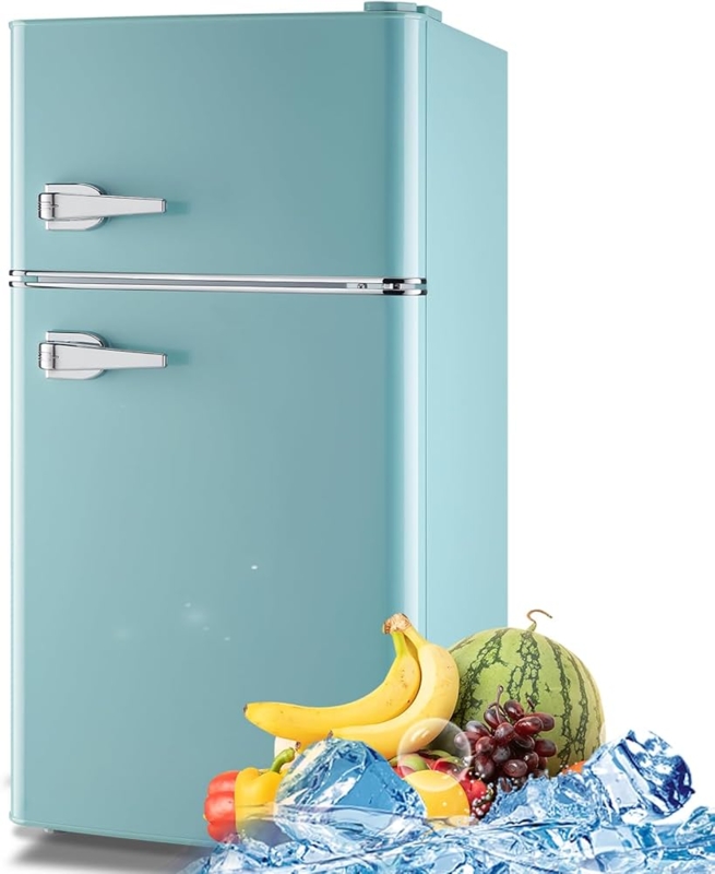 Mini Fridge Dual Door Pastel Blue Retro Handles Top Freezer