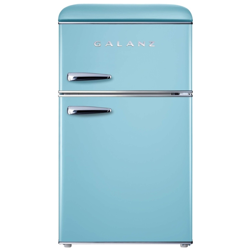 Mini Fridge Sky Blue Dual Door Top Freezer Rounded Edges Retro