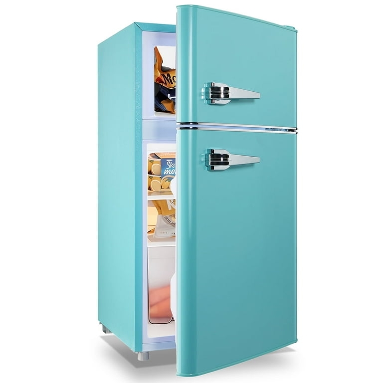 Mini Fridge Teal Blue Double Door Chrome Handles Retro Chic