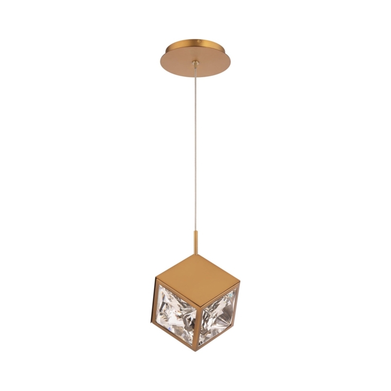 Mini Pendant Light with Brushed Gold Finish and Faceted Glass Cube