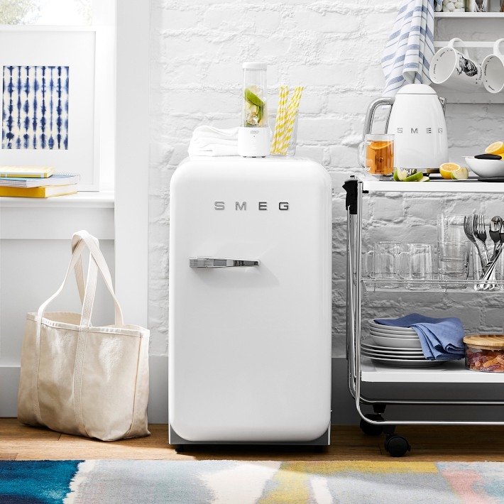 Mini Refrigerator Crisp White Curved Edges Chrome Handle Retro
