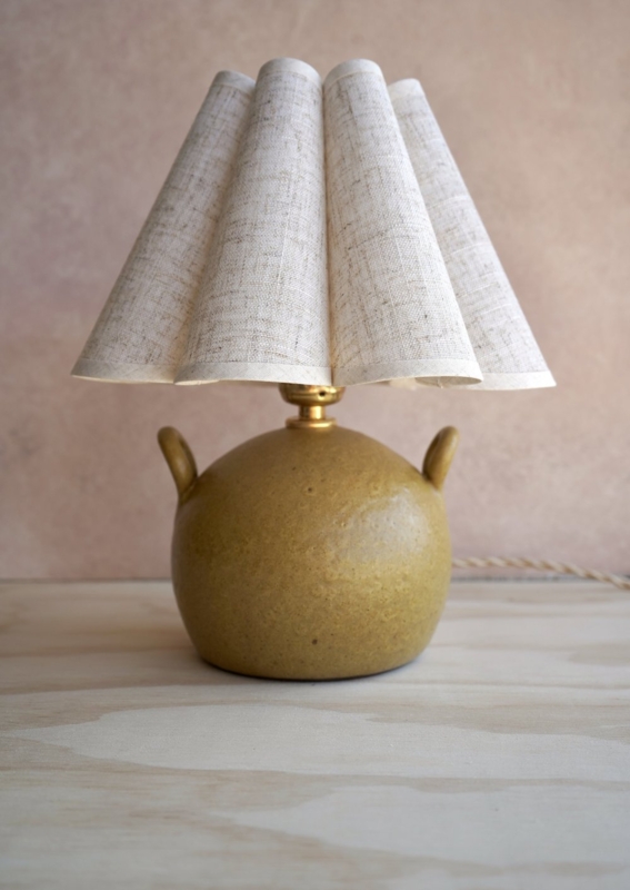 Mini Table Lamp Ochre Ceramic Pleated Linen Shade Twin Handles
