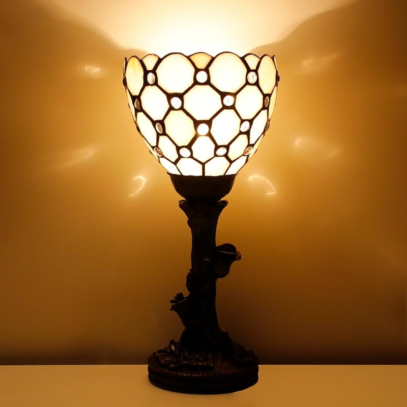 Mini Tiffany Accent Table Lamp with Hexagonal Bead Pattern, Branch Base