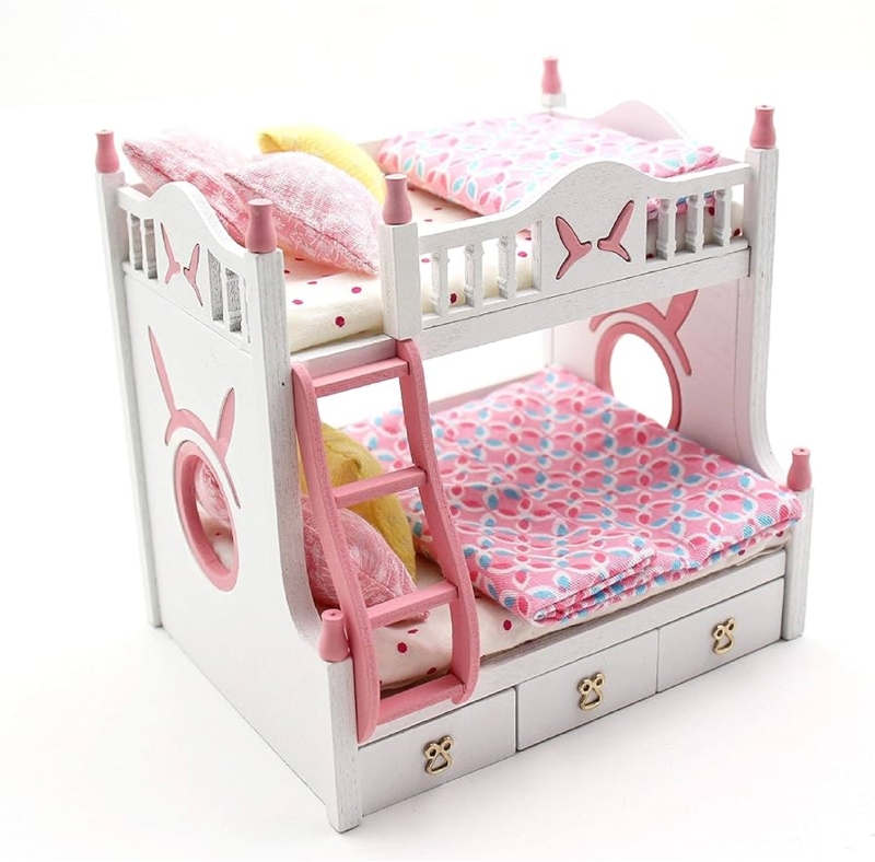 Miniature Bunk Bed with Whimsical Bunny Motif and Drawers