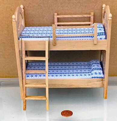 Miniature Pine Bunk Bed with Blue Patterned Bedding