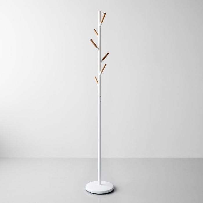 Minimalist Coat Tree Matte White Wood Tipped Pegs Slim Profile