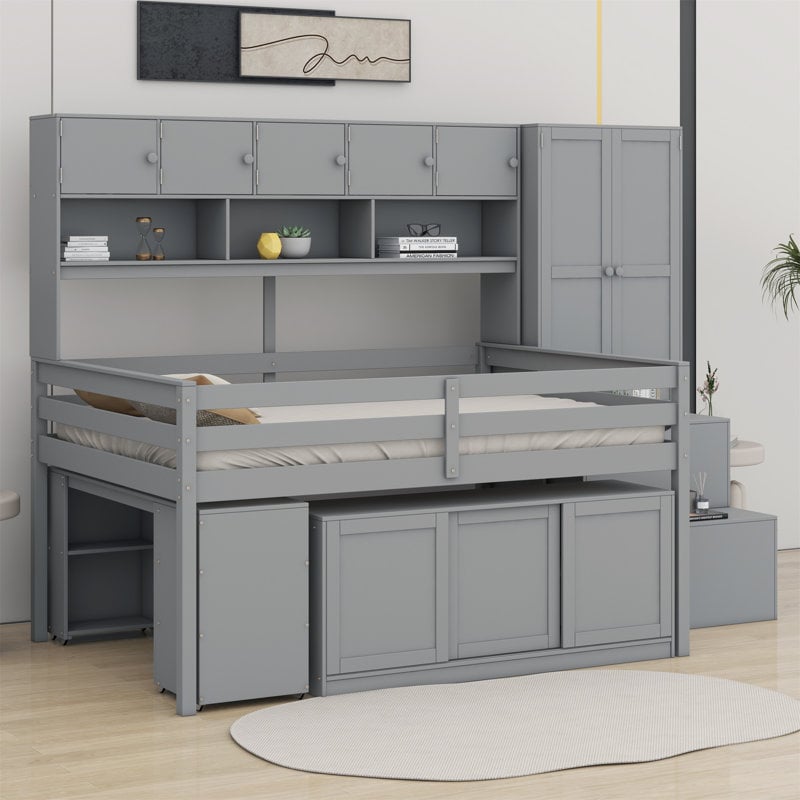 Minimalist Gray Loft Bed with Overhead Storage Hutch