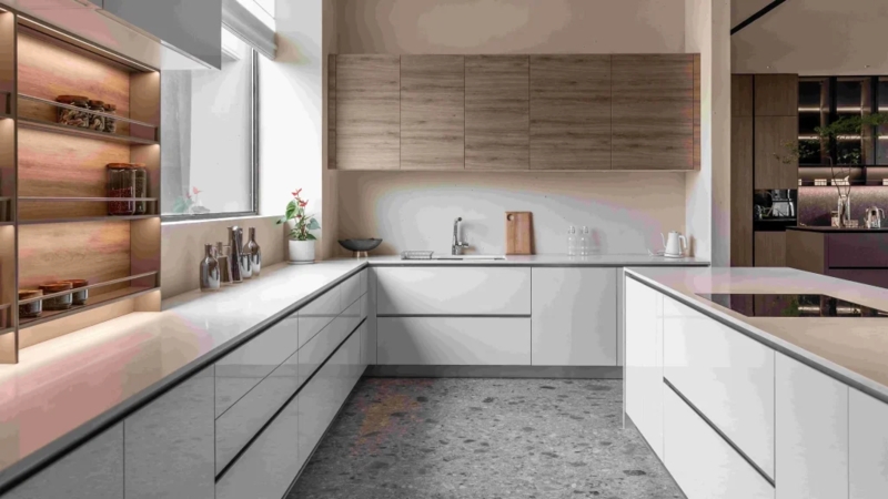 Minimalist Ivory Handleless Cabinets with Wood Uppers and Terrazzo