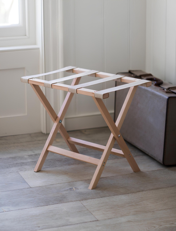 Minimalist Light Wood Luggage Rack with Woven Fabric Straps