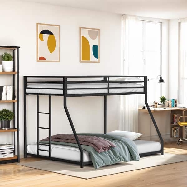 Minimalist Low Bunk Bed Matte Black Metal Slanting Support Beams