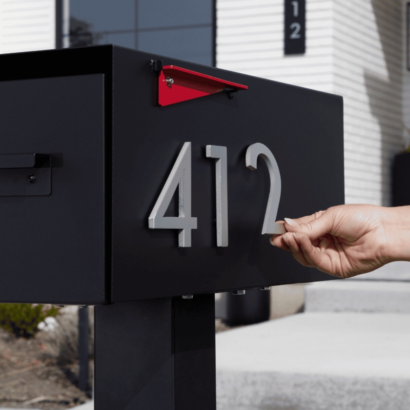 Minimalist Mailbox with Magnetic Numbers and Red Accent Flag Post Mount