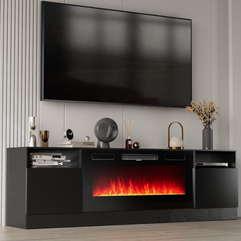 Minimalist Matte Black Fireplace TV Stand with Handleless Design