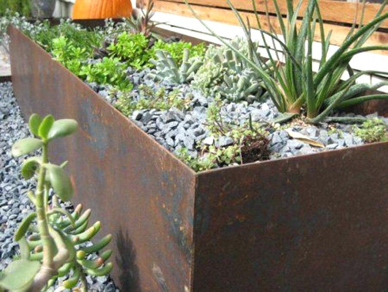 Minimalist Rusted Metal Planter Box with Thin Profile Edge