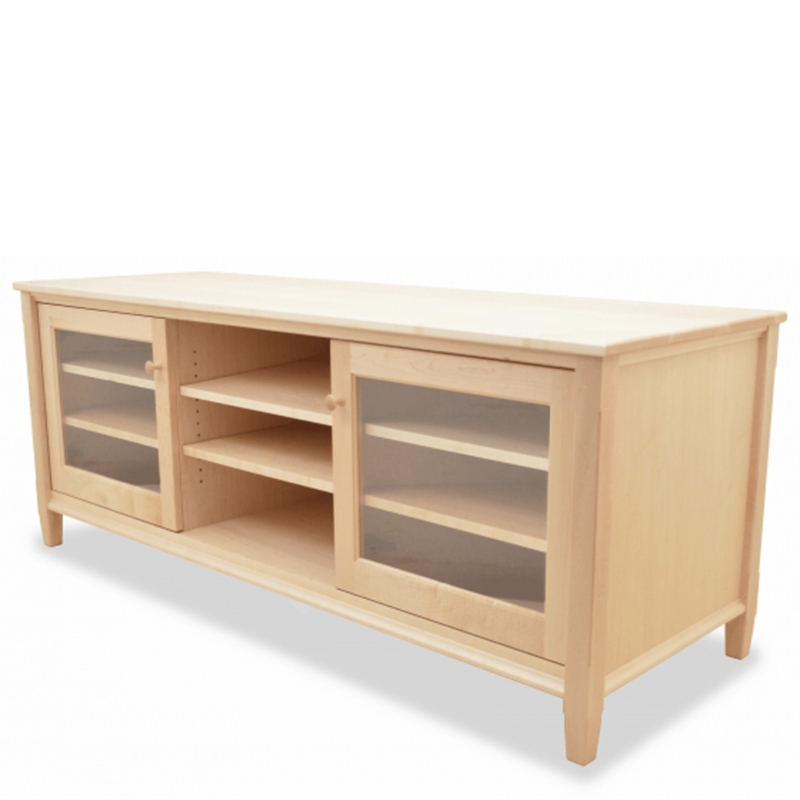 Minimalist TV Console Blonde Wood Shaker Legs Glass Doors