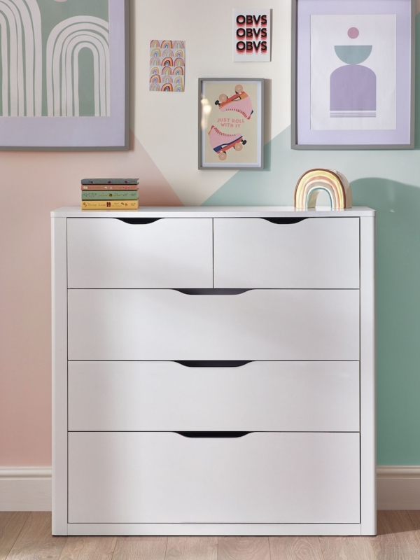 Minimalist White Chest Recessed Handles Matte Finish Five Drawers