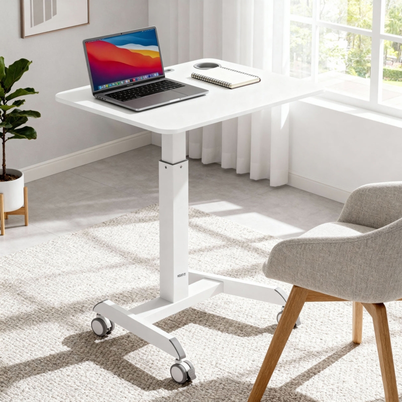 Minimalist White Laptop Cart Built-In Cup Holder Adjustable Rolling