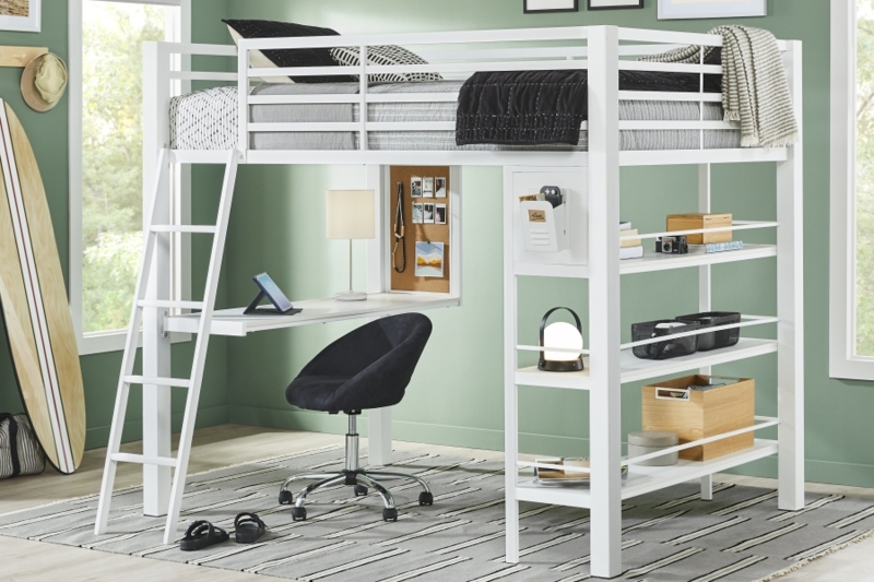 Minimalist White Metal Loft Bed Desk Three Tier Shelving
