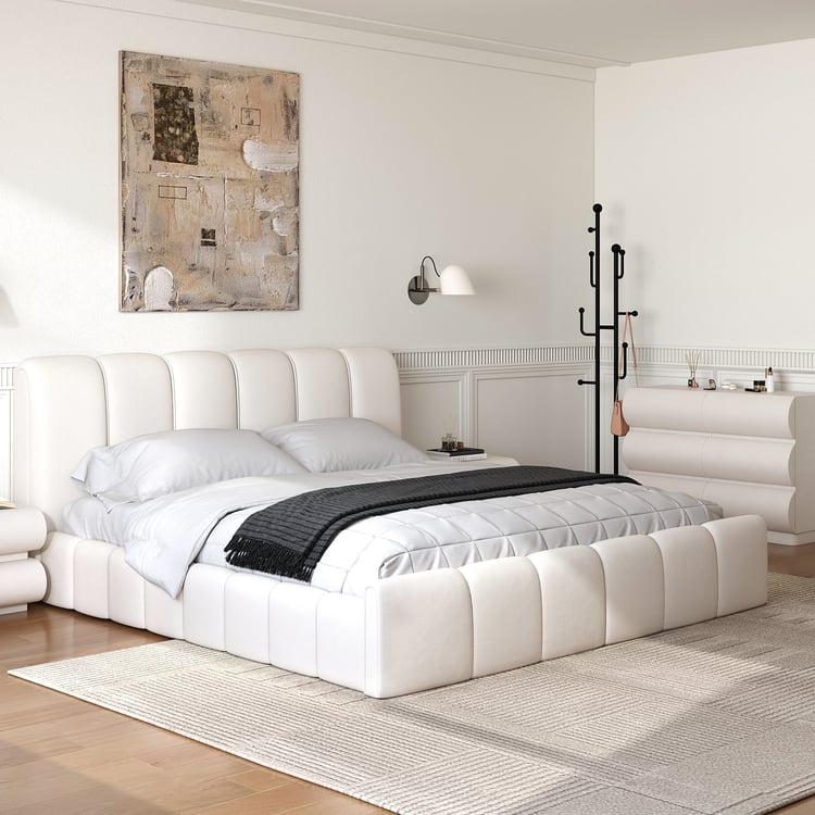 Minimalist White Wingback Bed Frame Set with Curved Dresser Front