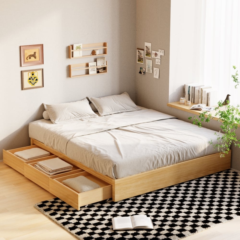 Minimalist Wood Bed Drawers Integrated Side Storage Light Oak