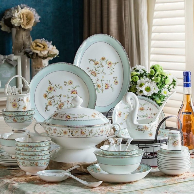 Mint Green Floral Dinnerware Set with Swan Server & Spoons