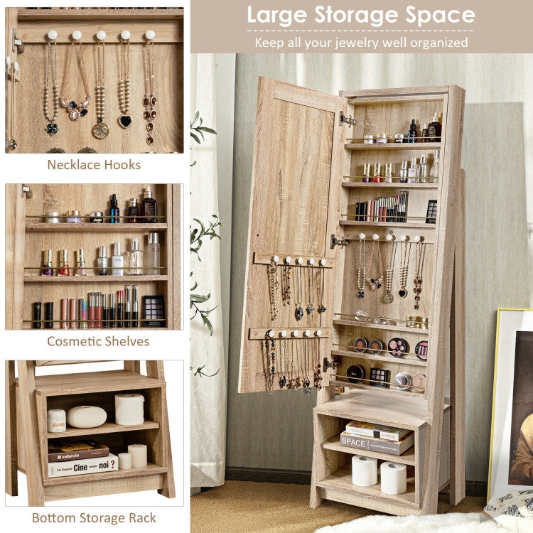 Mirror Jewelry Cabinet: Scandinavian Light Wood A-Frame with Bottom Rack