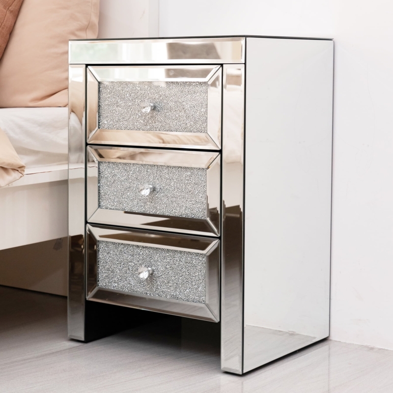 Mirrored 3-Drawer Nightstand: Crushed Diamond Inlay, Beveled Panels