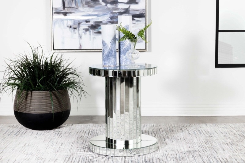 Mirrored Accent Table Vertical Slat Pedestal Faceted Crystal-Look Edges