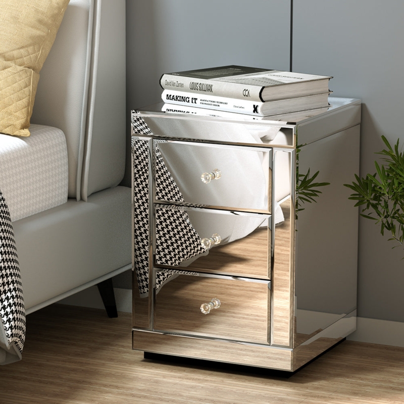 Mirrored Bedside Table: 3 Drawers, Crystal Knobs, Compact Silhouette