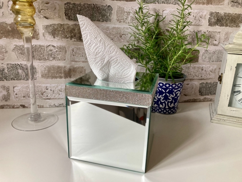 Mirrored Cube Tissue Cover featuring Diamante Crystal Border
