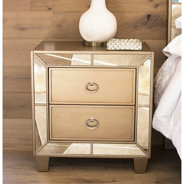Mirrored Gold Nightstand Champagne Finish Ring Pulls Glam