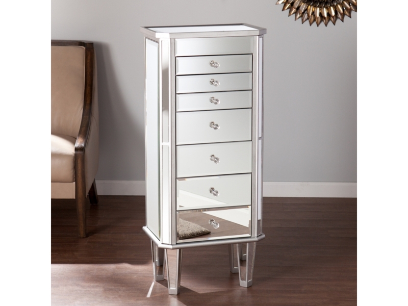 Mirrored Jewelry Armoire Silver Finish Crystal Knobs Seven Drawers Glam