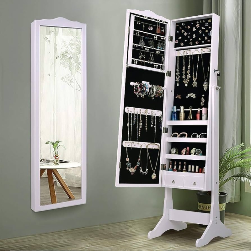 Mirrored Jewelry Cabinet on Curved Pedestal Base Stand