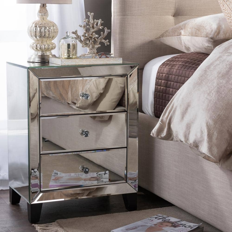 Mirrored Nightstand: 3 Drawers, Beveled Edges & Mitered Corners