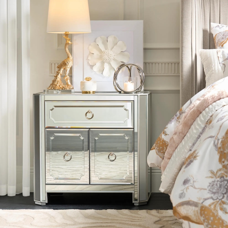 Mirrored Nightstand Cabinet: Ring Pulls, Three Compartment Storage