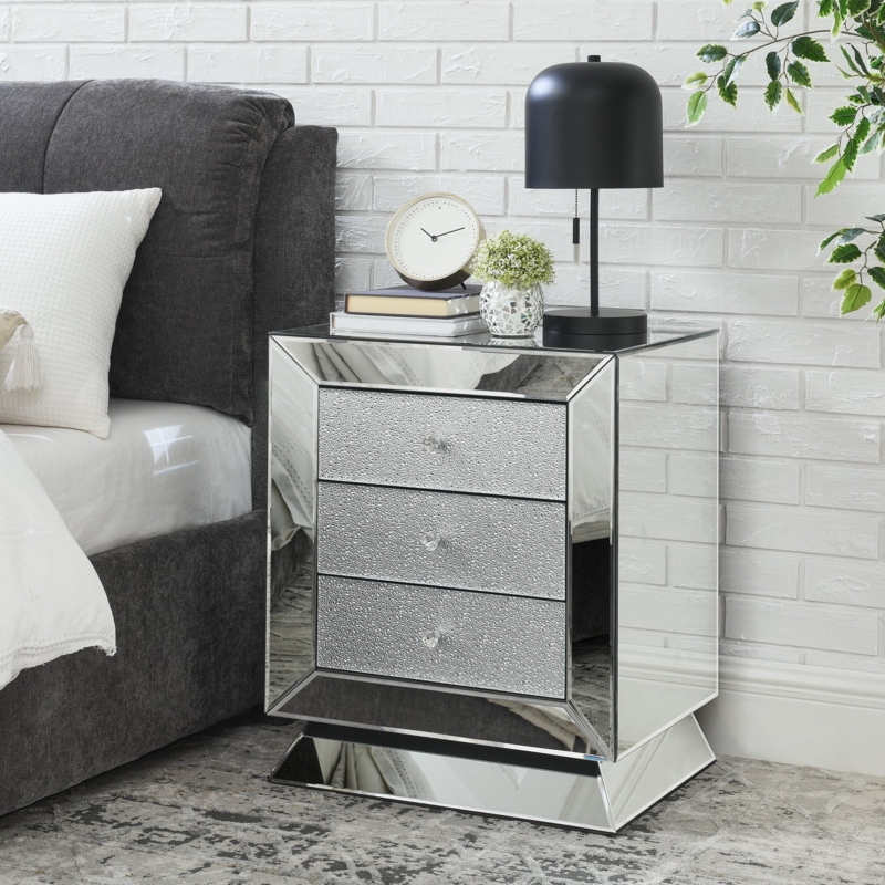 Mirrored Nightstand: Crushed Glass Drawer Fronts & Crystal Knobs